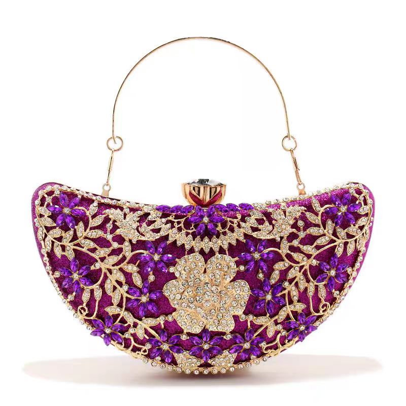 Luxury Diamond-Encrusted Evening Clutch | Light Luxury Half-Moon Bag with Hollow Floral Design | Cheongsam Handbag