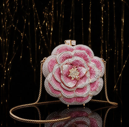 PUER ELEMENTES/Women's Evening Clutch Purse Crystal Rhinestone Hollow Metal Rose Design Small Sparkly Handbag for Formal Dresses