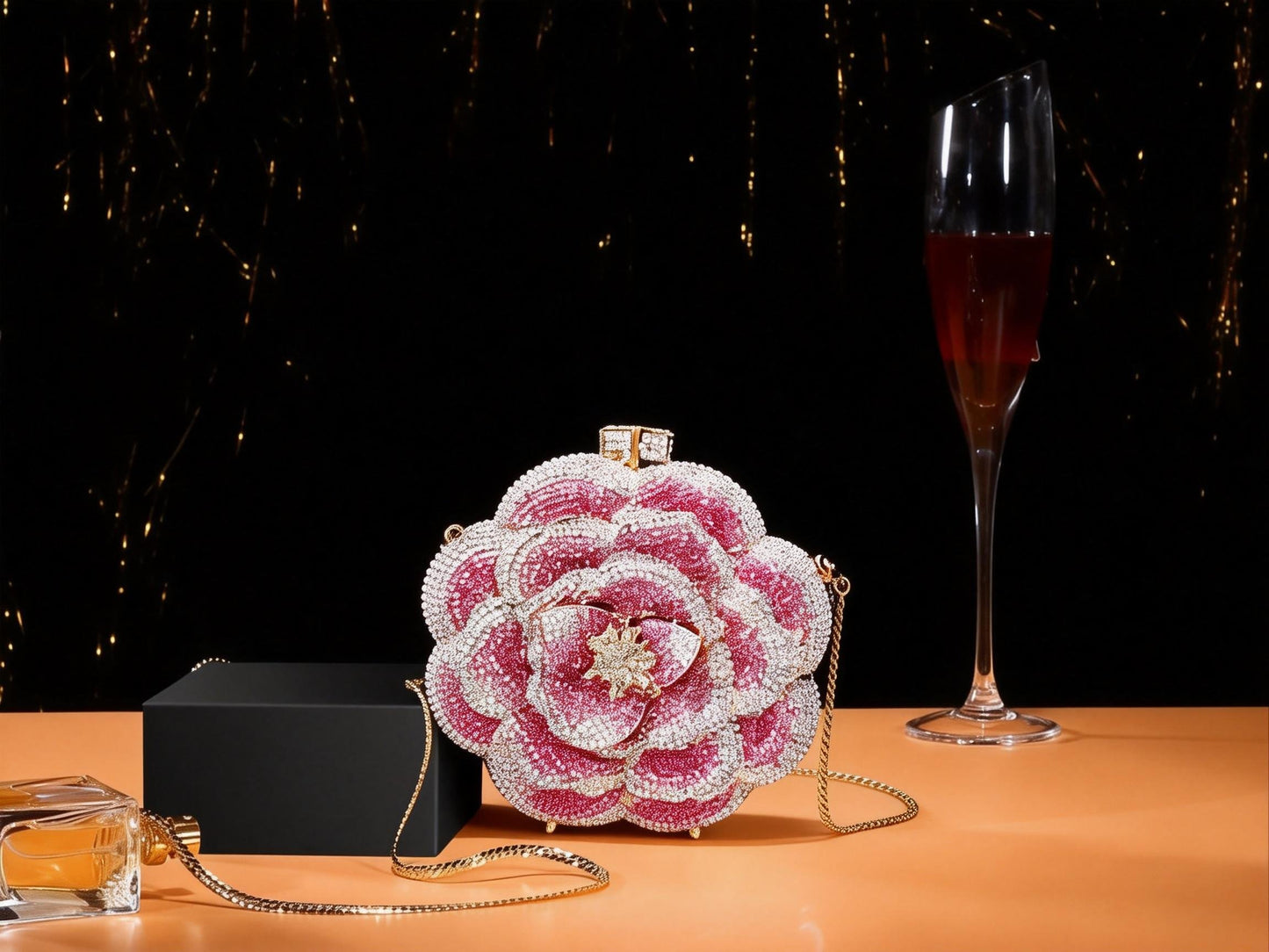 PUER ELEMENTES/Women's Evening Clutch Purse Crystal Rhinestone Hollow Metal Rose Design Small Sparkly Handbag for Formal Dresses