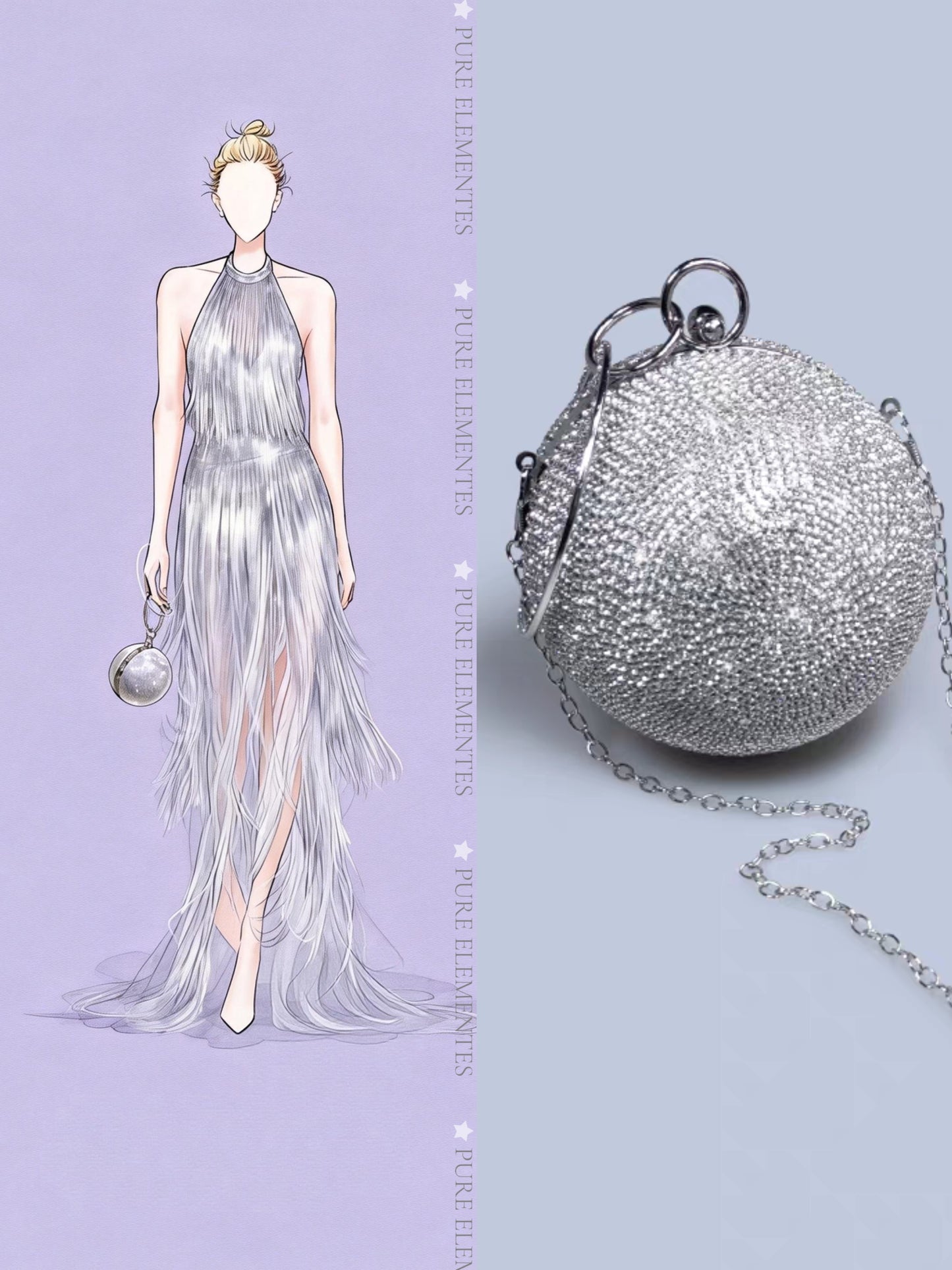 Runway-style Spherical Bag, Silver Full-Crystal Evening Dress Bag, New Women's Small Round Ring Handle Bag, Metallic Texture Evening Clutch