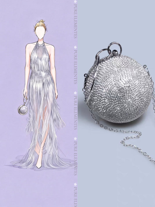 Runway-style Spherical Bag, Silver Full-Crystal Evening Dress Bag, New Women's Small Round Ring Handle Bag, Metallic Texture Evening Clutch