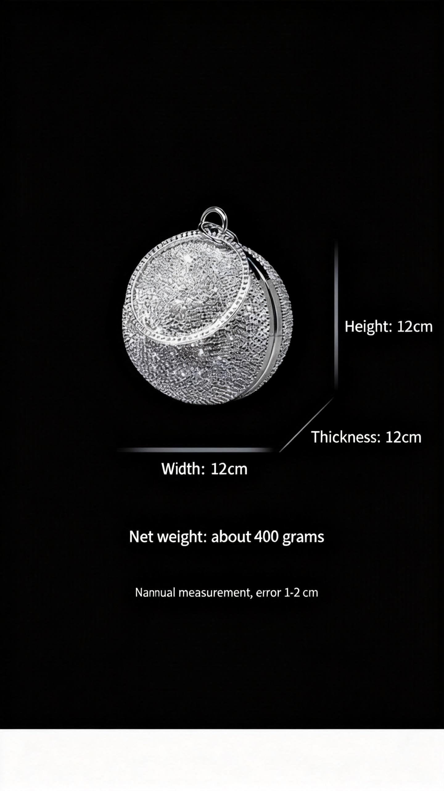 Runway-style Spherical Bag, Silver Full-Crystal Evening Dress Bag, New Women's Small Round Ring Handle Bag, Metallic Texture Evening Clutch