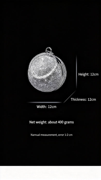 Runway-style Spherical Bag, Silver Full-Crystal Evening Dress Bag, New Women's Small Round Ring Handle Bag, Metallic Texture Evening Clutch