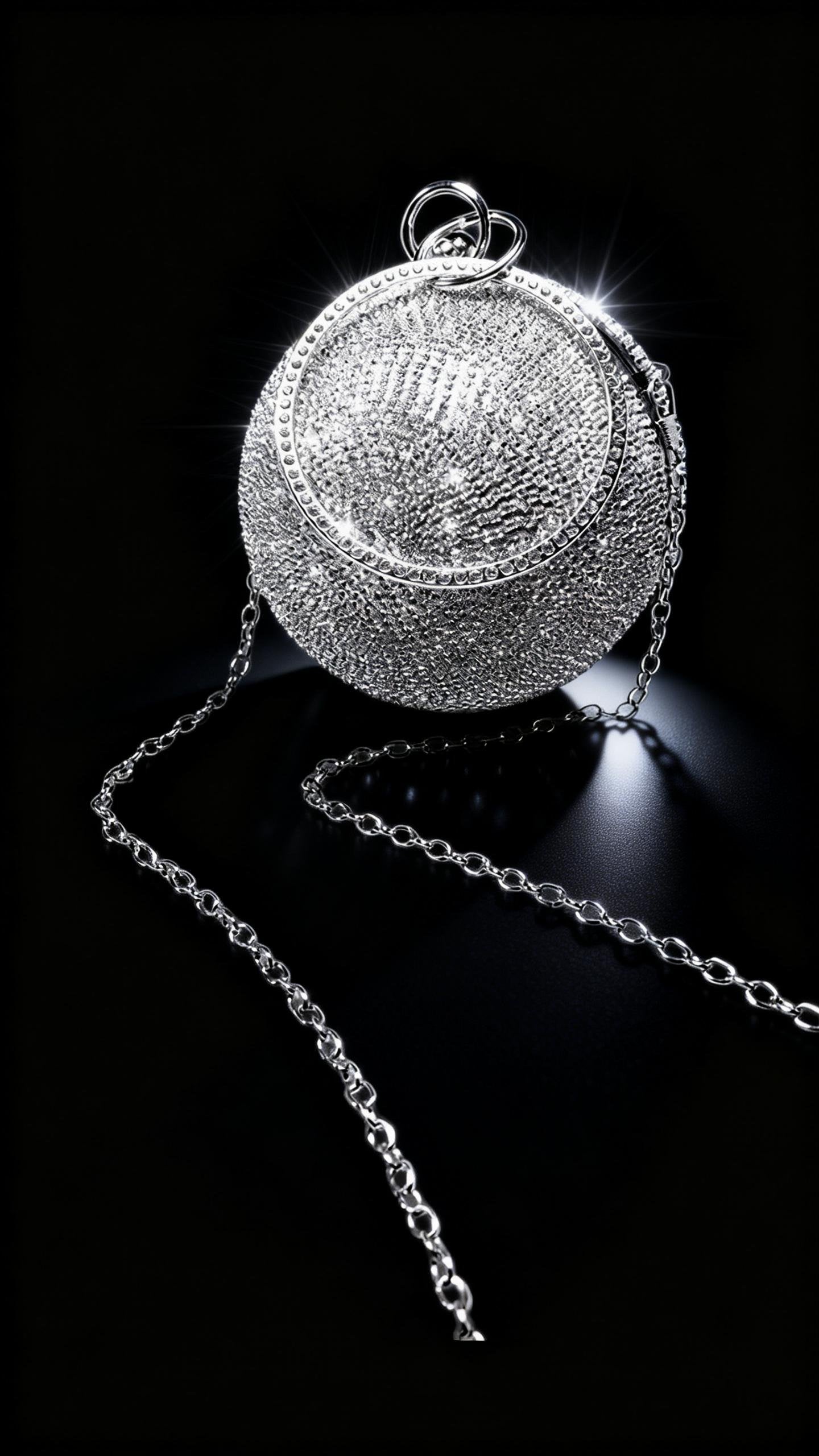 Runway-style Spherical Bag, Silver Full-Crystal Evening Dress Bag, New Women's Small Round Ring Handle Bag, Metallic Texture Evening Clutch
