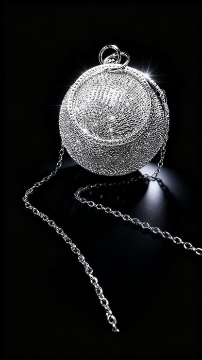 Runway-style Spherical Bag, Silver Full-Crystal Evening Dress Bag, New Women's Small Round Ring Handle Bag, Metallic Texture Evening Clutch