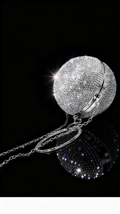 Runway-style Spherical Bag, Silver Full-Crystal Evening Dress Bag, New Women's Small Round Ring Handle Bag, Metallic Texture Evening Clutch