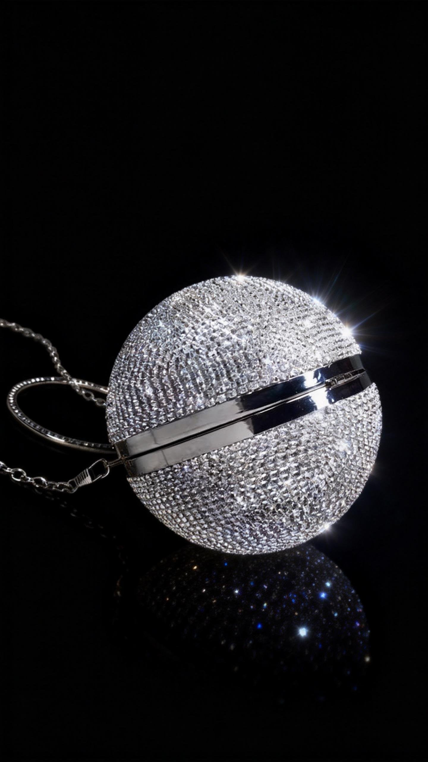 Runway-style Spherical Bag, Silver Full-Crystal Evening Dress Bag, New Women's Small Round Ring Handle Bag, Metallic Texture Evening Clutch