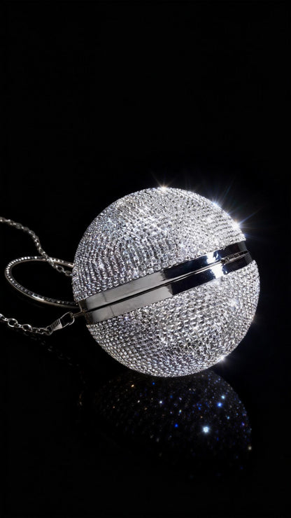 Runway-style Spherical Bag, Silver Full-Crystal Evening Dress Bag, New Women's Small Round Ring Handle Bag, Metallic Texture Evening Clutch