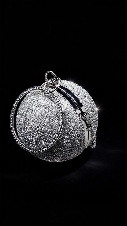 Runway-style Spherical Bag, Silver Full-Crystal Evening Dress Bag, New Women's Small Round Ring Handle Bag, Metallic Texture Evening Clutch