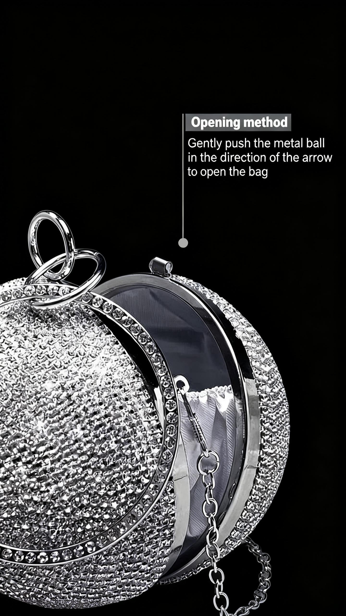 Runway-style Spherical Bag, Silver Full-Crystal Evening Dress Bag, New Women's Small Round Ring Handle Bag, Metallic Texture Evening Clutch