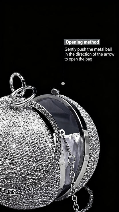 Runway-style Spherical Bag, Silver Full-Crystal Evening Dress Bag, New Women's Small Round Ring Handle Bag, Metallic Texture Evening Clutch