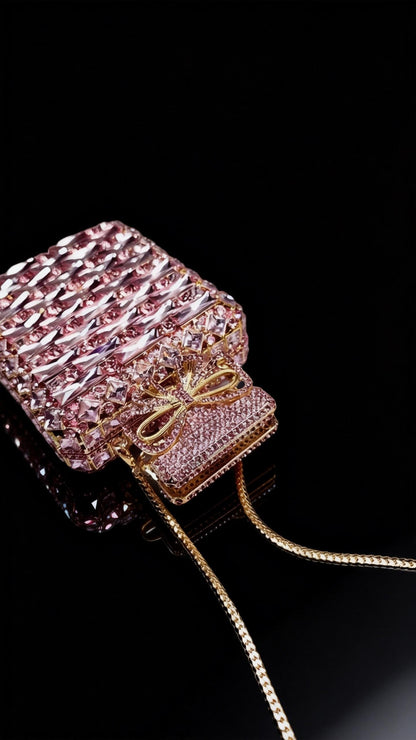 Light luxury high-end custom evening dress clutch bag with pink crystal bow, mini bag for women, exquisite match for banquet handbag.