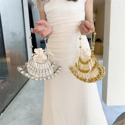 European & American Style Gold Vintage Diamond-Trimmed Metal-Woven Hollow-Out Women's Mini Handheld Evening Bag
