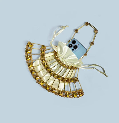 European & American Style Gold Vintage Diamond-Trimmed Metal-Woven Hollow-Out Women's Mini Handheld Evening Bag
