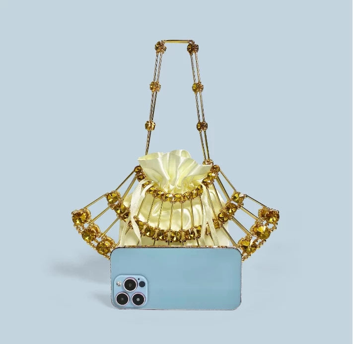 European & American Style Gold Vintage Diamond-Trimmed Metal-Woven Hollow-Out Women's Mini Handheld Evening Bag