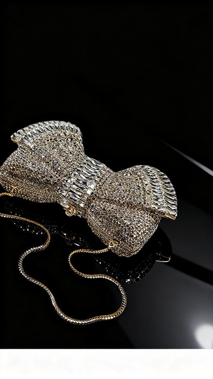 High-end Luxury Embellished New Arrival European-style Evening Bag with Bow and Crystal-encrusted Chain, Women's Handheld Crystal Bag