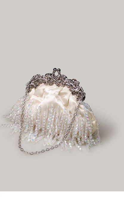Beaded Tassel Frame Purse - Elegant Ladies' Qipao-inspired Bag with Pearl Chain, Satin Small Handbag, High-end Soft Crossbody Bag