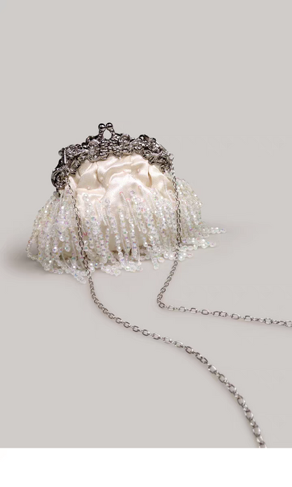 Beaded Tassel Frame Purse - Elegant Ladies' Qipao-inspired Bag with Pearl Chain, Satin Small Handbag, High-end Soft Crossbody Bag