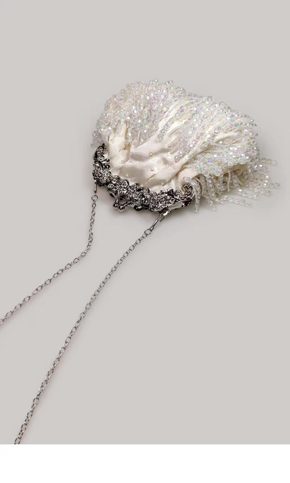 Beaded Tassel Frame Purse - Elegant Ladies' Qipao-inspired Bag with Pearl Chain, Satin Small Handbag, High-end Soft Crossbody Bag