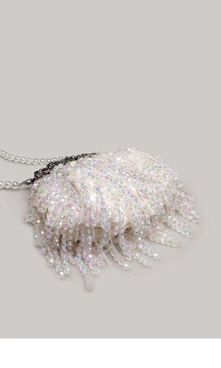 Beaded Tassel Frame Purse - Elegant Ladies' Qipao-inspired Bag with Pearl Chain, Satin Small Handbag, High-end Soft Crossbody Bag