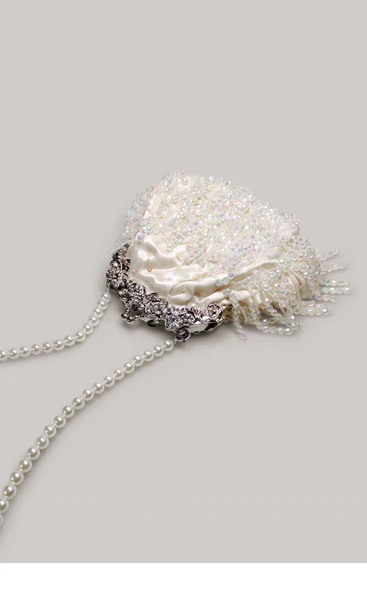 Beaded Tassel Frame Purse - Elegant Ladies' Qipao-inspired Bag with Pearl Chain, Satin Small Handbag, High-end Soft Crossbody Bag