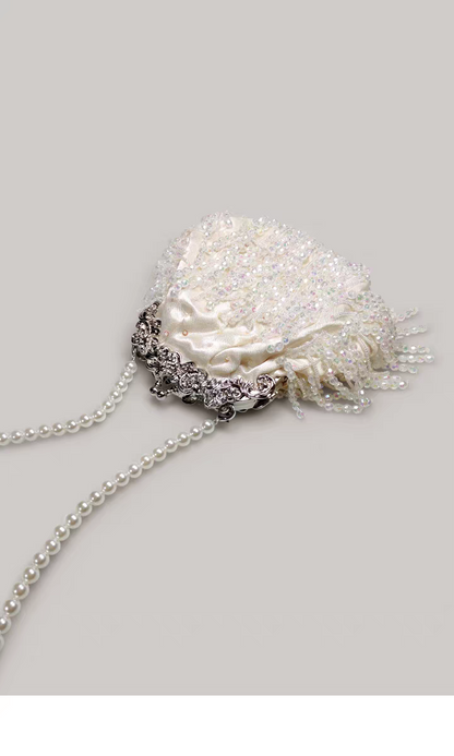 Beaded Tassel Frame Purse - Elegant Ladies' Qipao-inspired Bag with Pearl Chain, Satin Small Handbag, High-end Soft Crossbody Bag