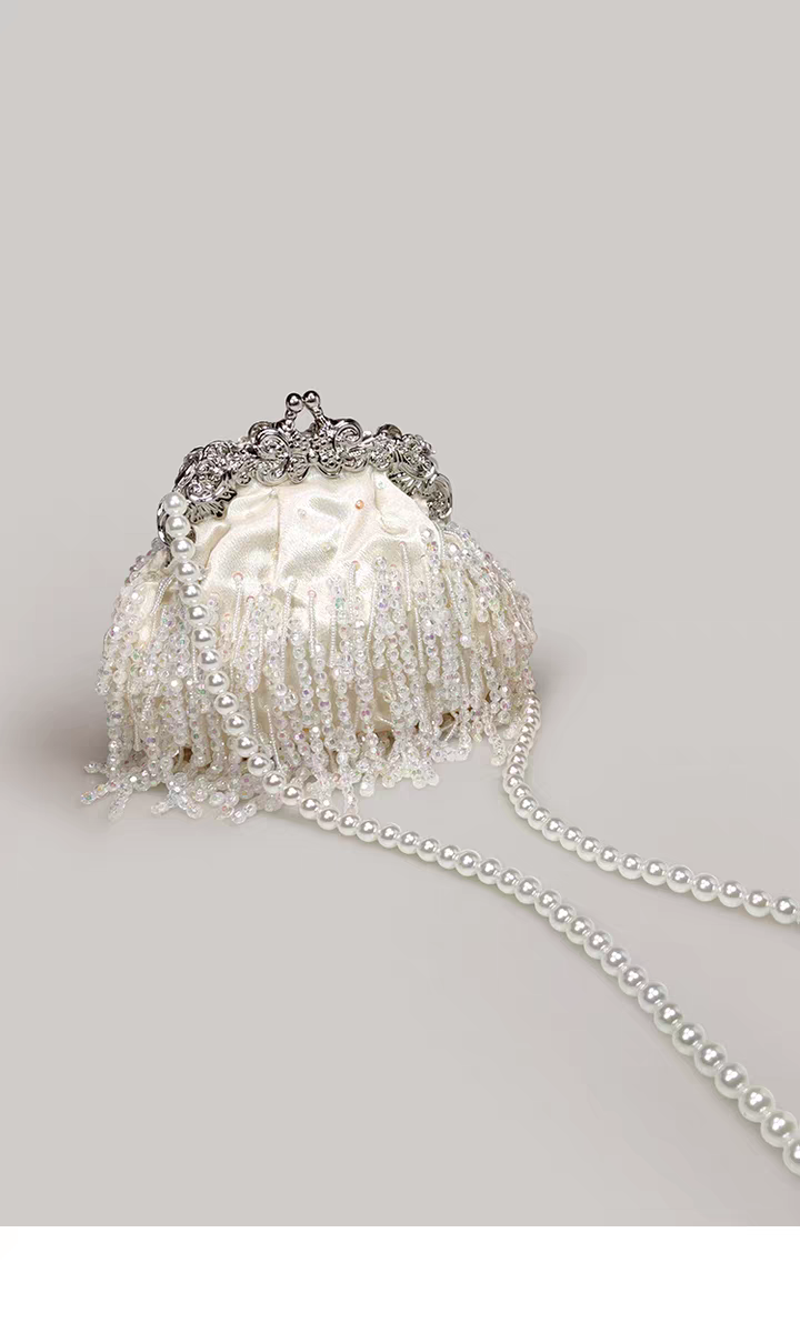 Beaded Tassel Frame Purse - Elegant Ladies' Qipao-inspired Bag with Pearl Chain, Satin Small Handbag, High-end Soft Crossbody Bag