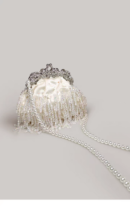Beaded Tassel Frame Purse - Elegant Ladies' Qipao-inspired Bag with Pearl Chain, Satin Small Handbag, High-end Soft Crossbody Bag