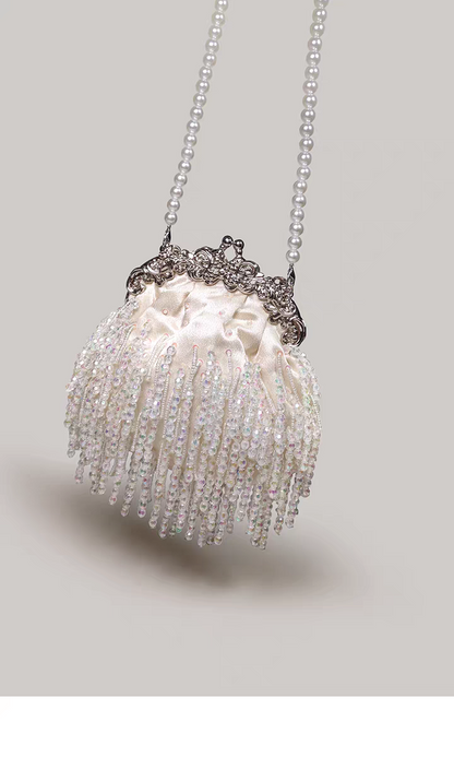 Beaded Tassel Frame Purse - Elegant Ladies' Qipao-inspired Bag with Pearl Chain, Satin Small Handbag, High-end Soft Crossbody Bag
