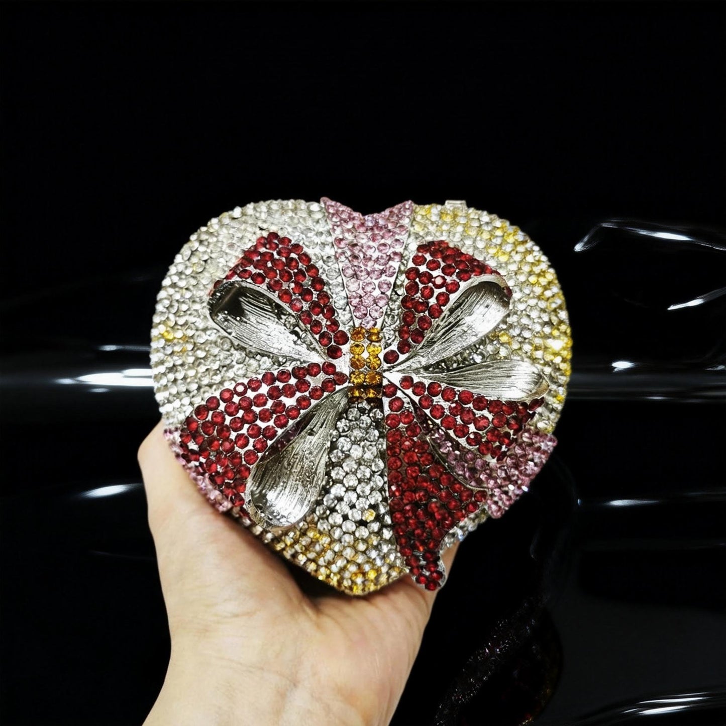 Evening Bow Clutch with Rhinestones in Heart-Shaped Gift Box for Banquets