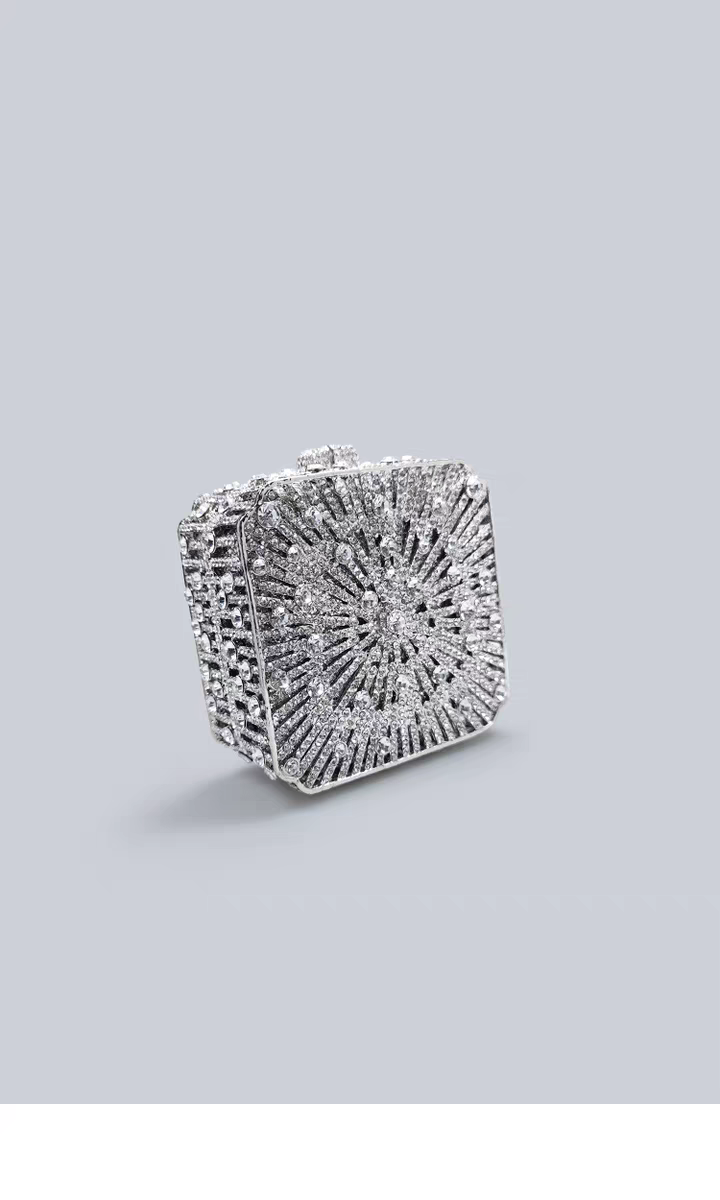 Light Luxury Flash Diamond Trimmed High-end Sense Evening Dress Matching Silver Mini Clutch Bag New Square Handbag