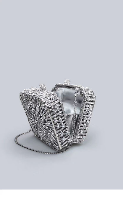 Light Luxury Flash Diamond Trimmed High-end Sense Evening Dress Matching Silver Mini Clutch Bag New Square Handbag