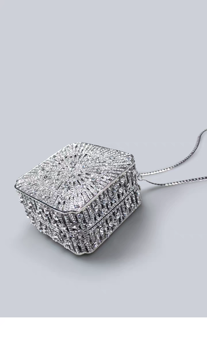 Light Luxury Flash Diamond Trimmed High-end Sense Evening Dress Matching Silver Mini Clutch Bag New Square Handbag