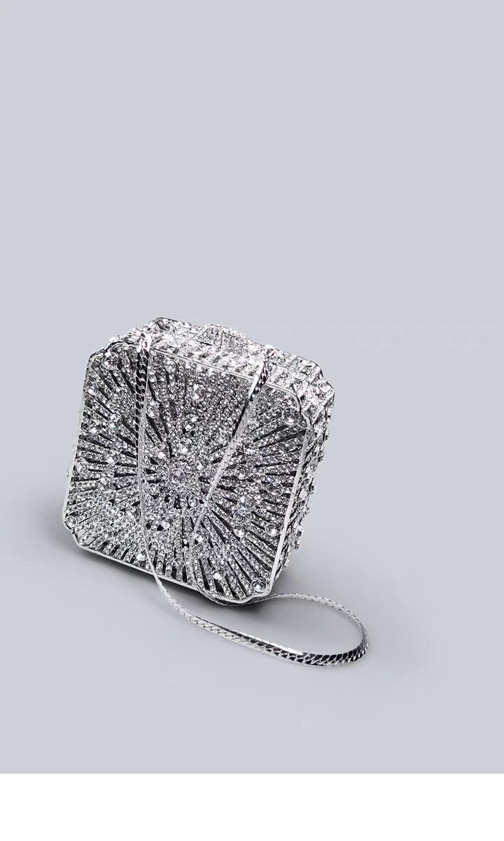 Light Luxury Flash Diamond Trimmed High-end Sense Evening Dress Matching Silver Mini Clutch Bag New Square Handbag