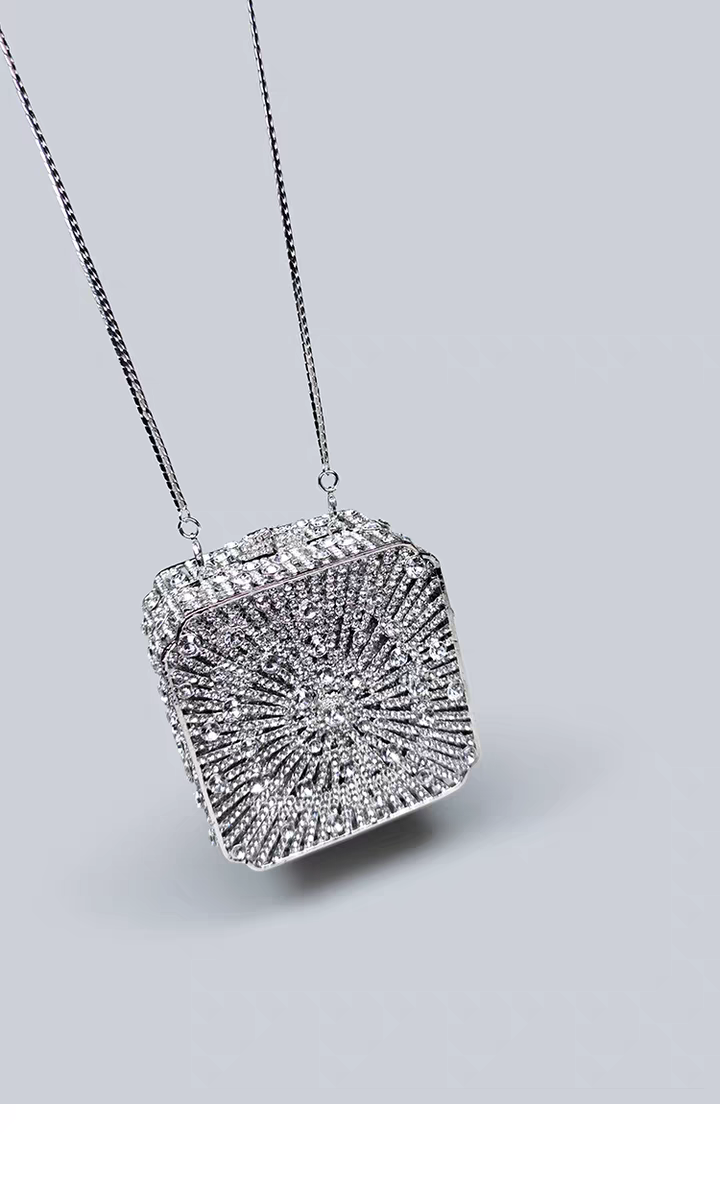 Light Luxury Flash Diamond Trimmed High-end Sense Evening Dress Matching Silver Mini Clutch Bag New Square Handbag