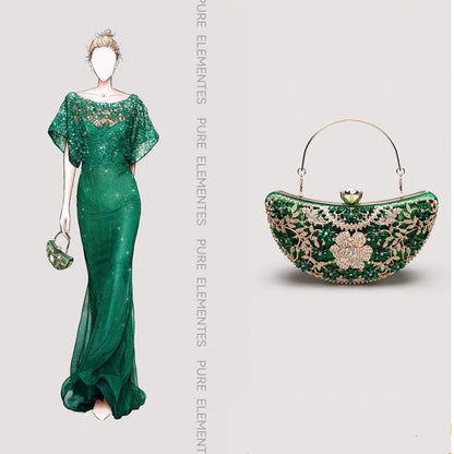 Luxury Diamond-Encrusted Evening Clutch | Light Luxury Half-Moon Bag with Hollow Floral Design | Cheongsam Handbag