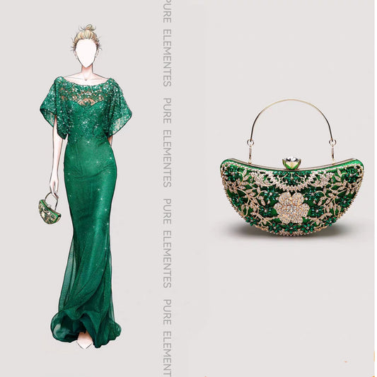 Luxury Diamond-Encrusted Evening Clutch | Light Luxury Half-Moon Bag with Hollow Floral Design | Cheongsam Handbag