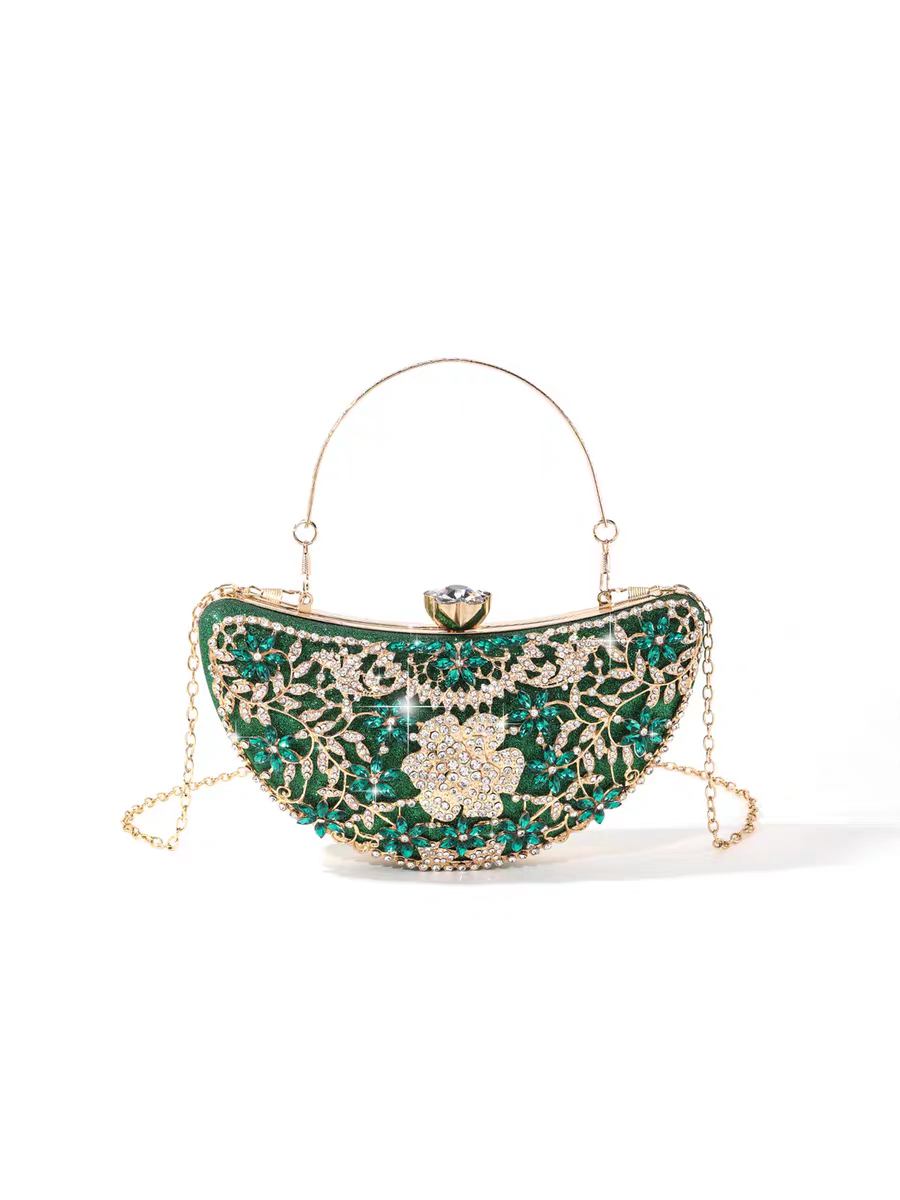 Luxury Diamond-Encrusted Evening Clutch | Light Luxury Half-Moon Bag with Hollow Floral Design | Cheongsam Handbag