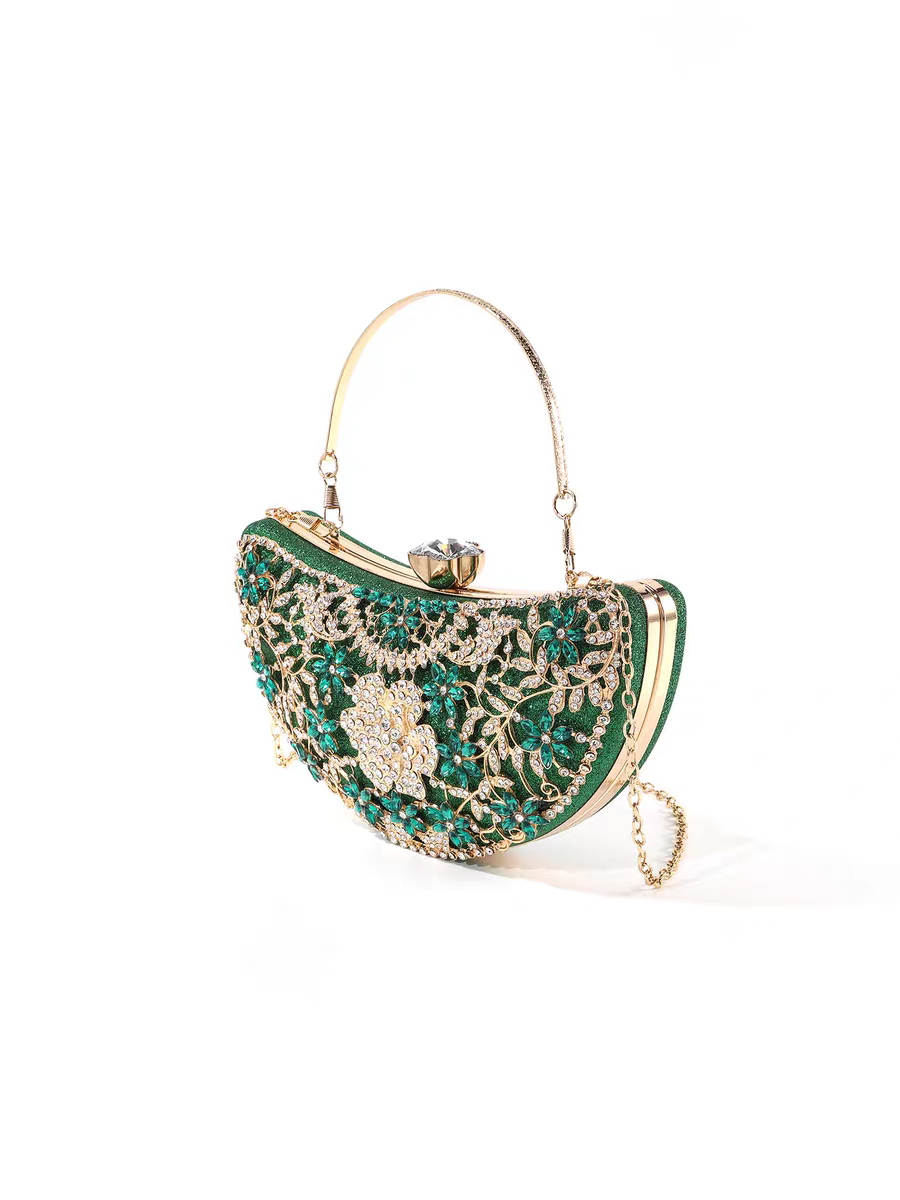 Luxury Diamond-Encrusted Evening Clutch | Light Luxury Half-Moon Bag with Hollow Floral Design | Cheongsam Handbag