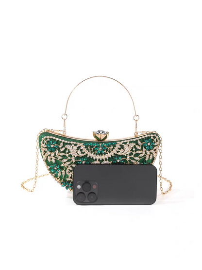 Luxury Diamond-Encrusted Evening Clutch | Light Luxury Half-Moon Bag with Hollow Floral Design | Cheongsam Handbag
