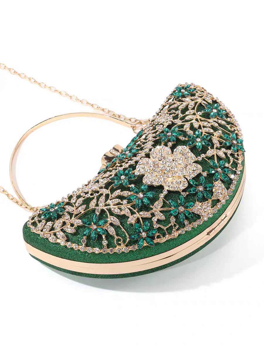 Luxury Diamond-Encrusted Evening Clutch | Light Luxury Half-Moon Bag with Hollow Floral Design | Cheongsam Handbag