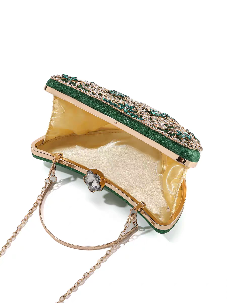 Luxury Diamond-Encrusted Evening Clutch | Light Luxury Half-Moon Bag with Hollow Floral Design | Cheongsam Handbag