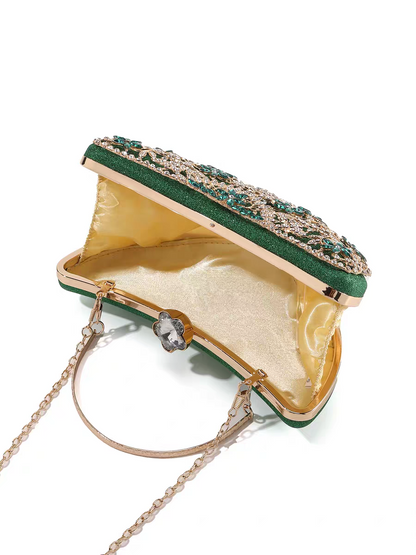 Luxury Diamond-Encrusted Evening Clutch | Light Luxury Half-Moon Bag with Hollow Floral Design | Cheongsam Handbag