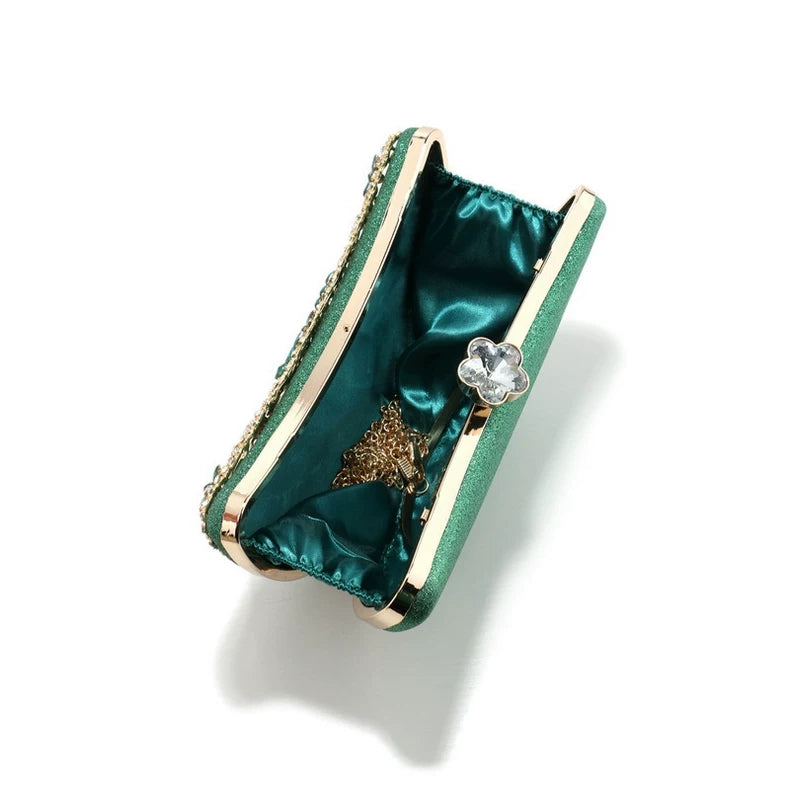 Luxury Diamond-Encrusted Evening Clutch | Light Luxury Half-Moon Bag with Hollow Floral Design | Cheongsam Handbag