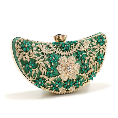 Luxury Diamond-Encrusted Evening Clutch | Light Luxury Half-Moon Bag with Hollow Floral Design | Cheongsam Handbag