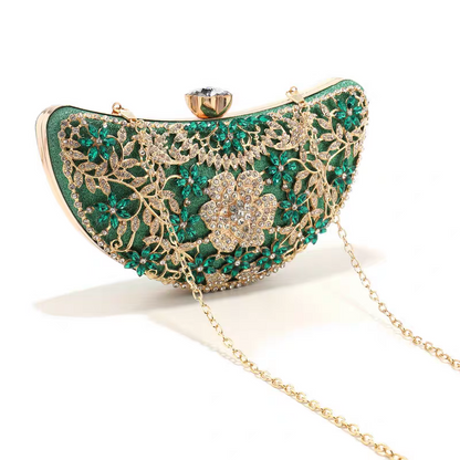 Luxury Diamond-Encrusted Evening Clutch | Light Luxury Half-Moon Bag with Hollow Floral Design | Cheongsam Handbag