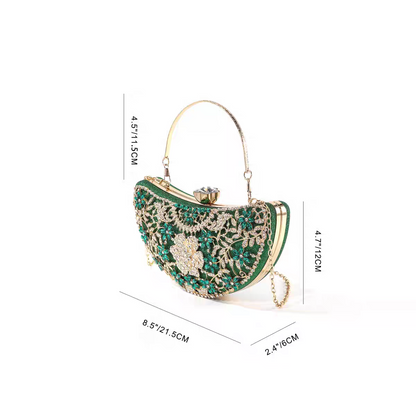 Luxury Diamond-Encrusted Evening Clutch | Light Luxury Half-Moon Bag with Hollow Floral Design | Cheongsam Handbag