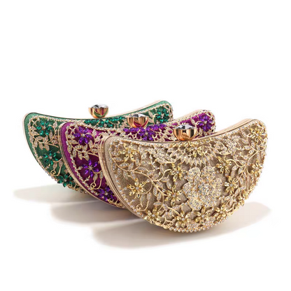 Luxury Diamond-Encrusted Evening Clutch | Light Luxury Half-Moon Bag with Hollow Floral Design | Cheongsam Handbag