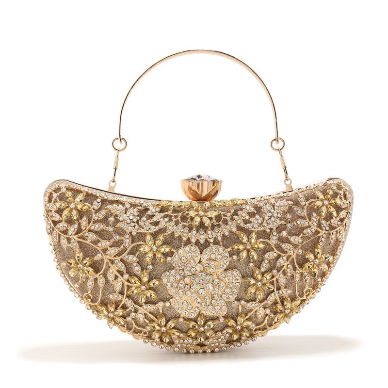 Luxury Diamond-Encrusted Evening Clutch | Light Luxury Half-Moon Bag with Hollow Floral Design | Cheongsam Handbag