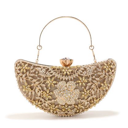 Luxury Diamond-Encrusted Evening Clutch | Light Luxury Half-Moon Bag with Hollow Floral Design | Cheongsam Handbag